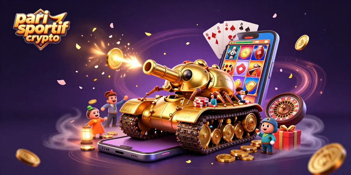 Pari sportif crypto : mise en scène dynamique avec un tank en or et des éléments de casino lumineux.