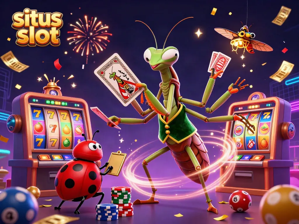 Experience thrilling situs slot action with a giant praying mantis card sharp dealing winning hands amidst vibrant casino elements.