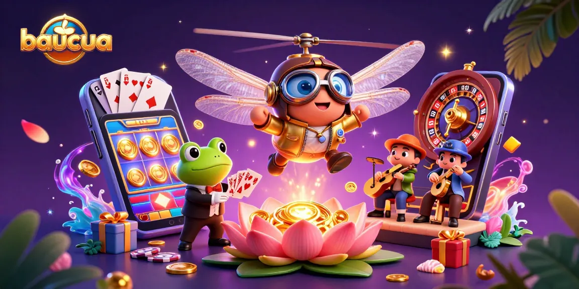 Baucua players enjoy vibrant casino sights with a frog dealer and dragonfly pilot in a rich, playful scene.