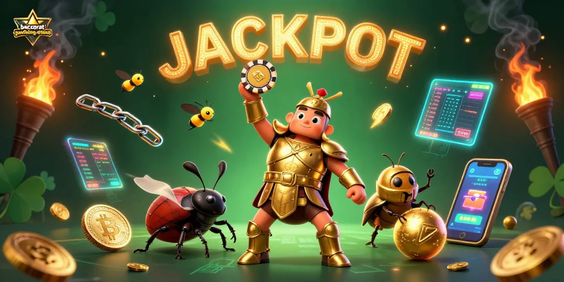 Baccarat-gambling-online celebrates victory with a gladiator beetle and crypto-themed gaming elements.