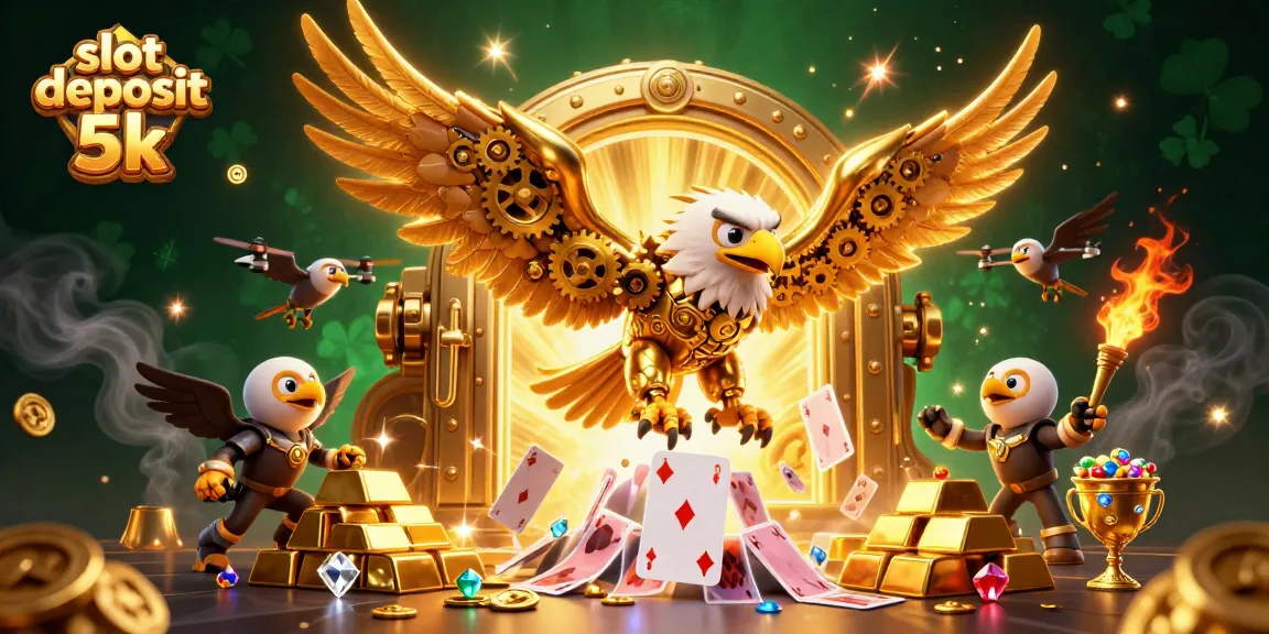 Engage with thrilling slot deposit 5k gameplay featuring a golden eagle amidst holographic cards and treasures.