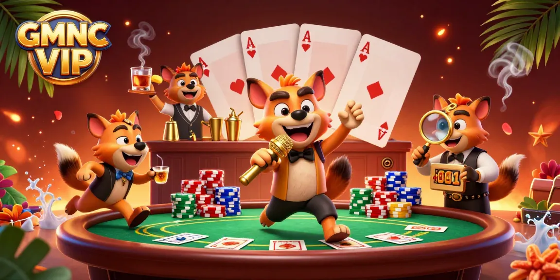 Experience GMNC VIP with this vibrant casino scene, featuring 3D hyenas in a comedy club.