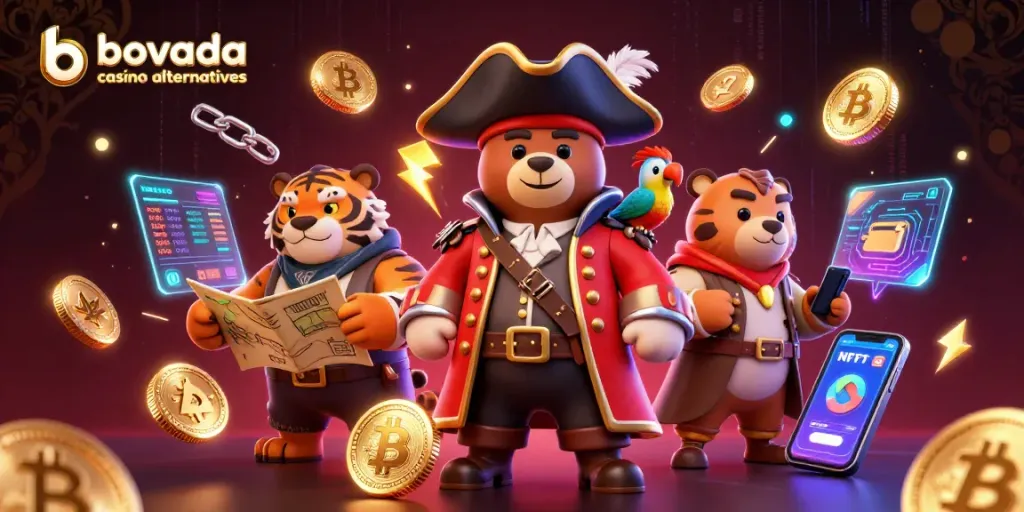 Engage with bovada casino alternatives through a vibrant 3D illustration featuring playful characters and digital currencies.