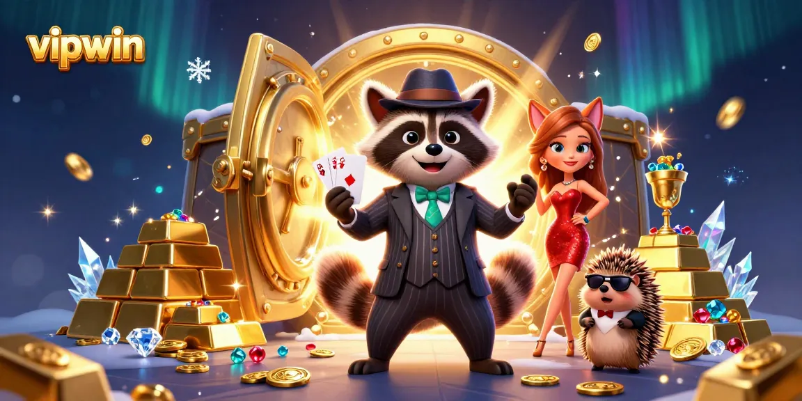 Experience the thrill of vipwin with a cartoon raccoon and friends showcasing a royal flush in a vibrant casino scene.