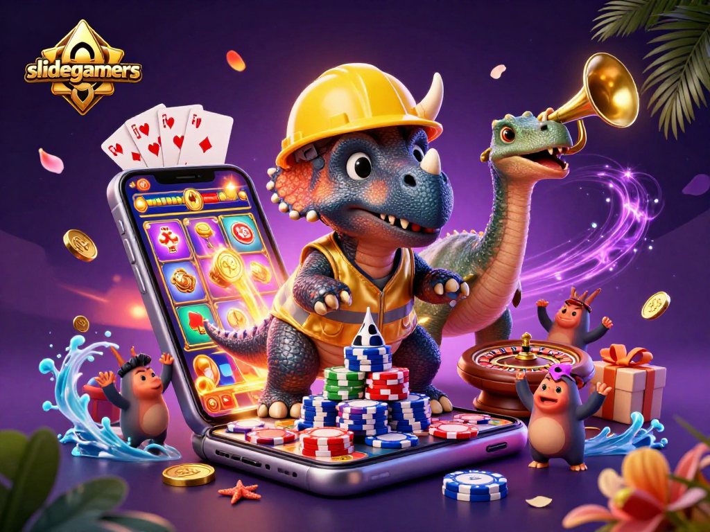 Engage with slidegamers as a triceratops builds poker chip stacks amid a vibrant slot game scene.