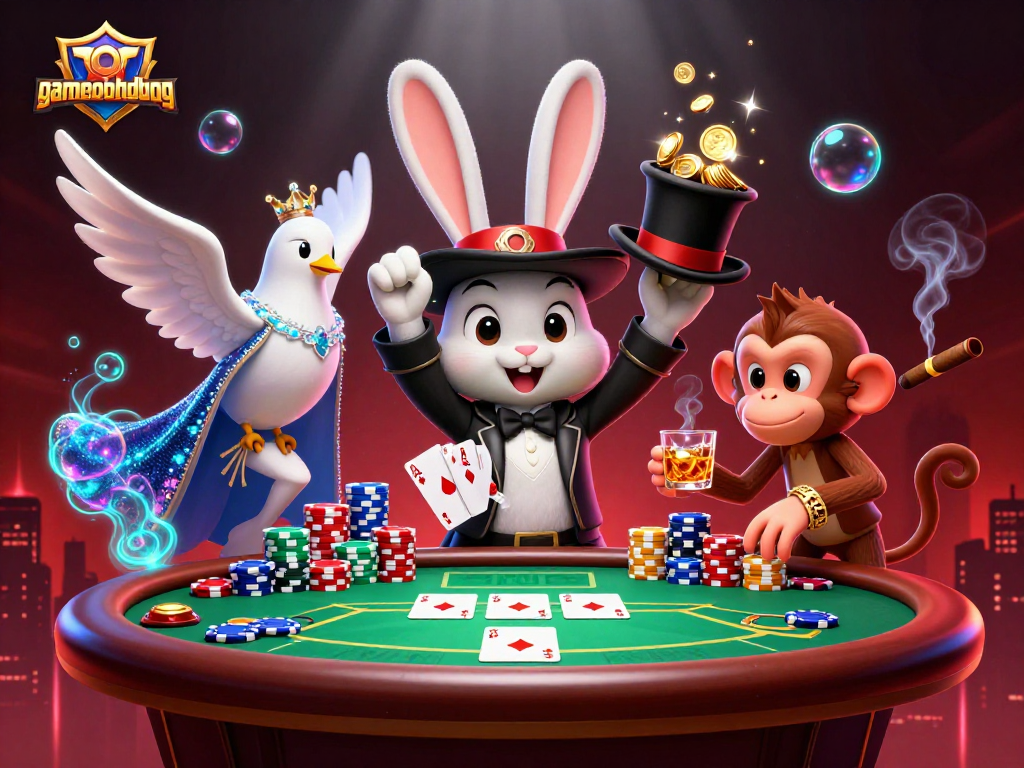 Experience the excitement in gamenohudoithuong as golden coins, a magician rabbit, and poker chips fill the vibrant casino scene.