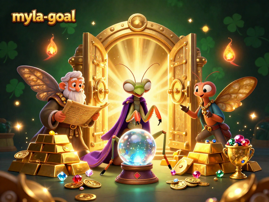 Win big with myla-goal in this thrilling fantasy casino scene featuring magical elements and treasures.