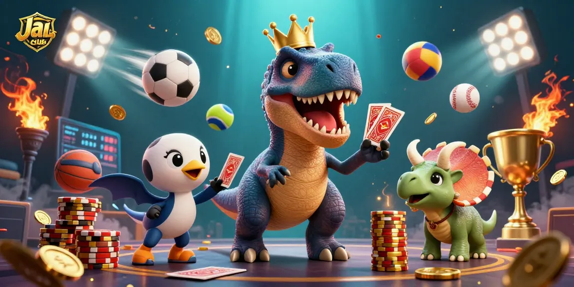 Experience Jai club with a fun-friendly T-Rex and friends in an engaging gaming scene.