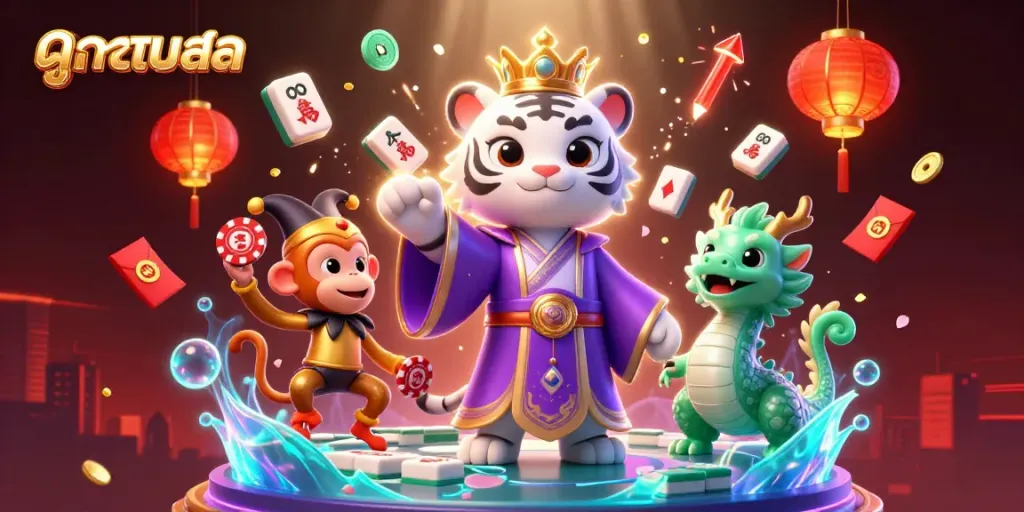 Experience immersive ดูบอลสด action with a vibrant, ultra-detailed 3D scene showcasing a tiger, a monkey juggling poker chips, and a jade dragon.