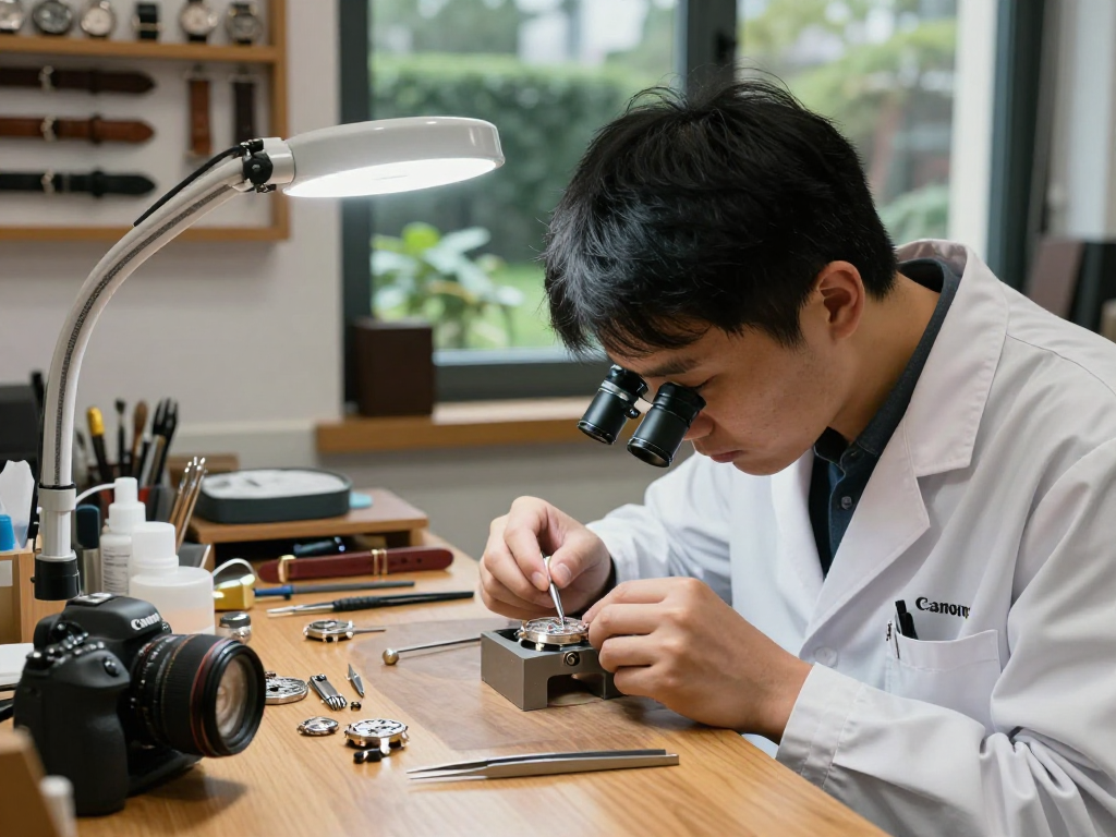 Watchmaker assembling intricate 3035 watch movement parts in a bright workshop, showcasing tools and craftsmanship.