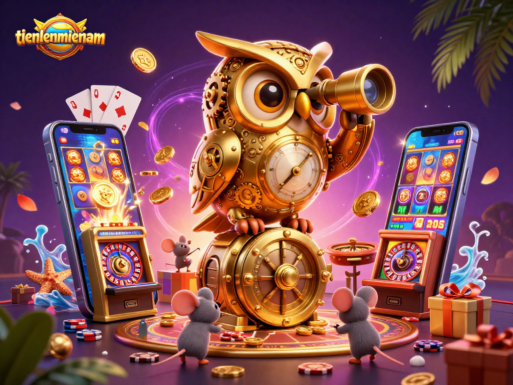 Experience thrilling gameplay at tienlenmiennam with a vibrant casino scene featuring golden owl and animated slot machines.
