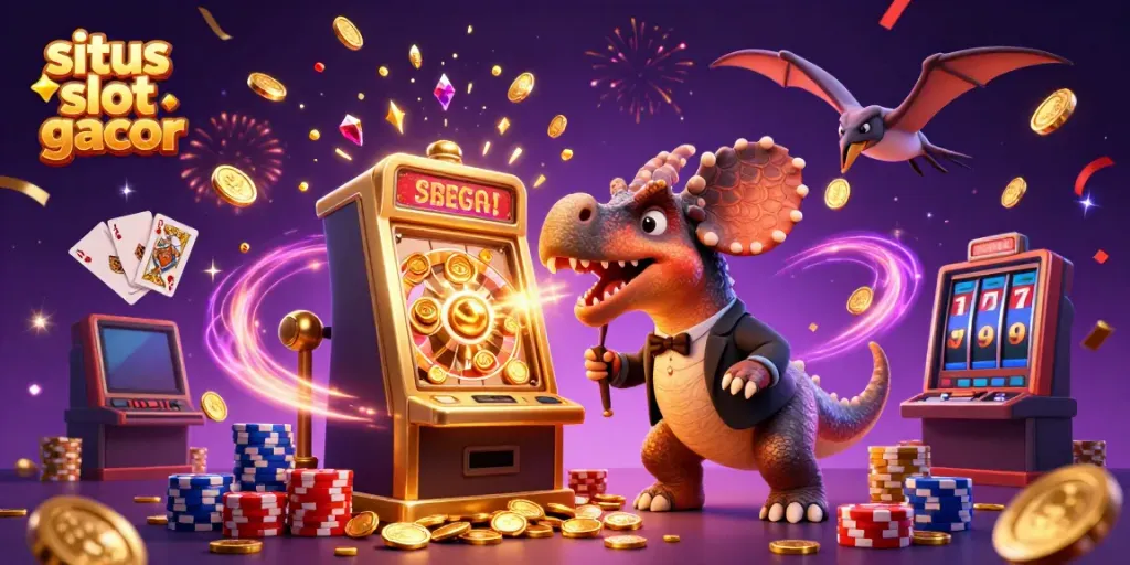 Experience the excitement of situs slot gacor as a pachycephalosaurus triggers jackpots amidst a dazzling casino scene.