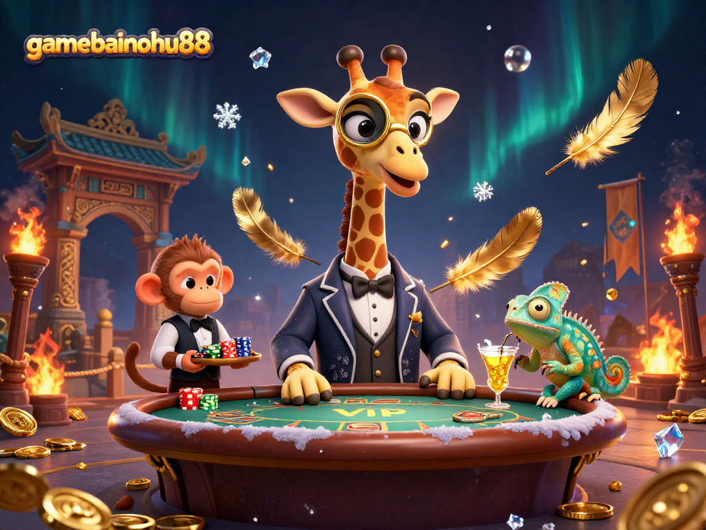 Play gamebainohu88 in a dynamic casino scene featuring vibrant characters, golden treasures, and high-stakes excitement.