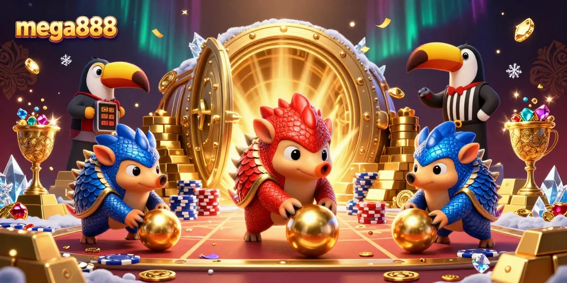 Engage with mega888's thrilling slot gaming experience featuring dynamic pangolins, poker chips, and gold rewards.