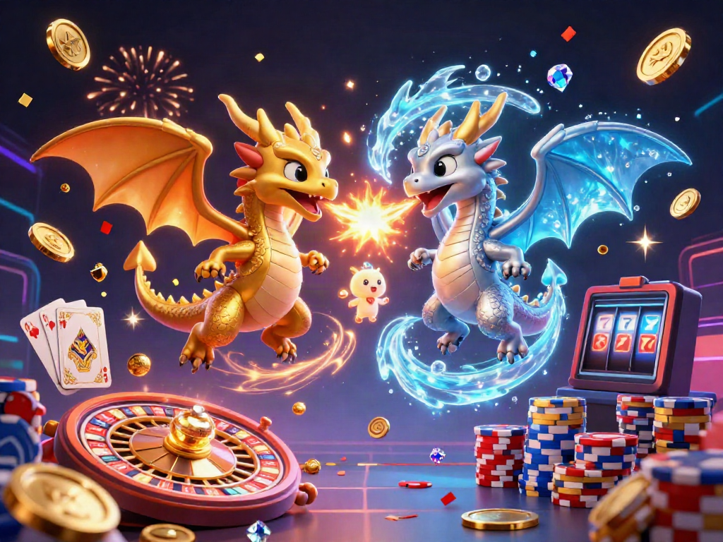 Experience thrilling action as twin dragons battle in a vibrant slot online casino world filled with swirling treasures.