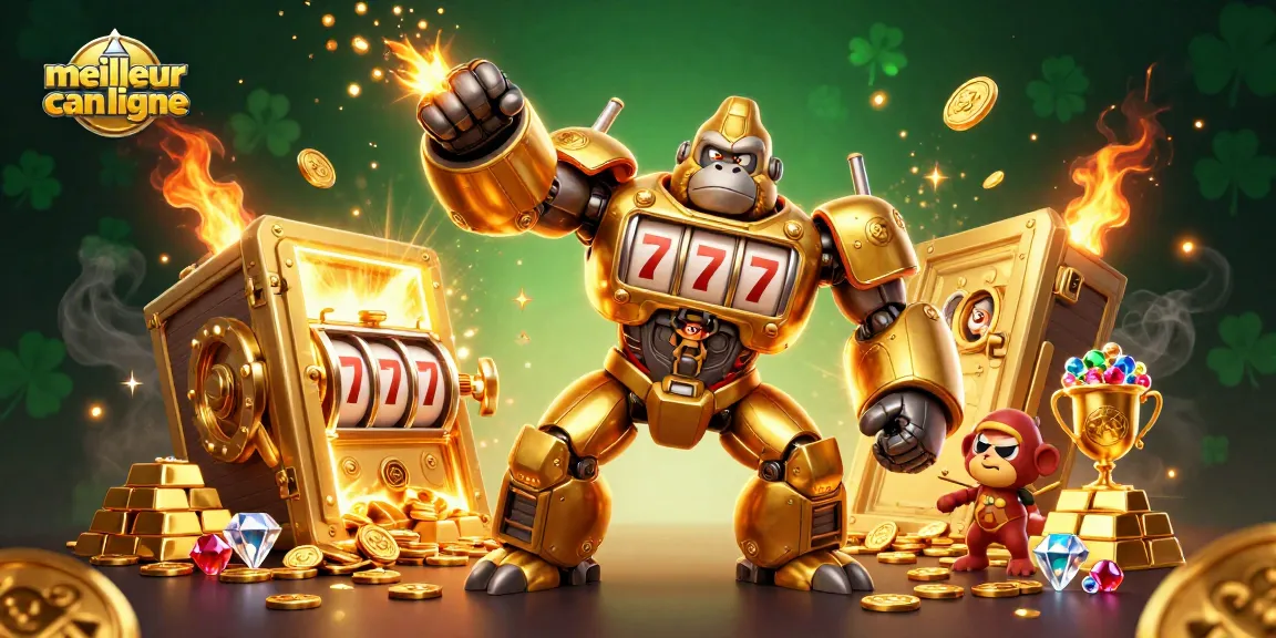 Explorez le meilleur casino en ligne avec un robot gorille et des trésors scintillants.