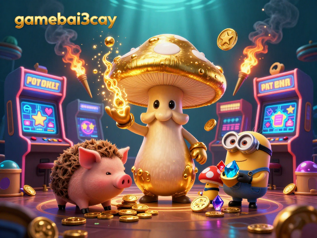 Experience gamebai3cay in a vibrant, dazzling casino scene filled with magical treasures and gaming excitement.