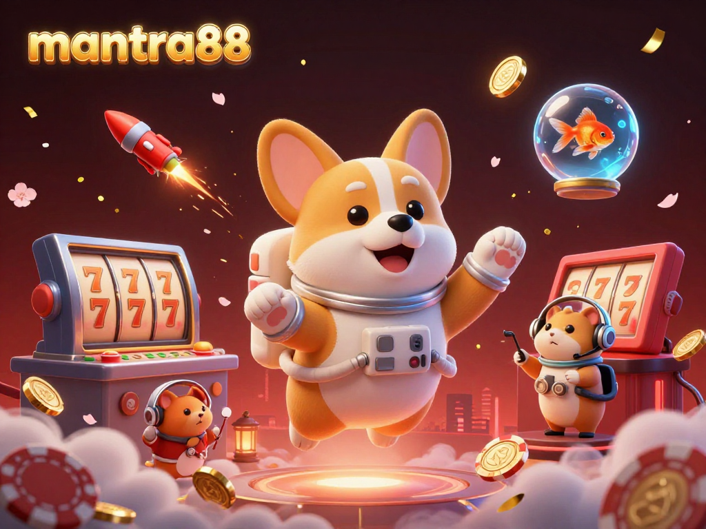 Experience the thrill of mantra88 with a vibrant casino scene featuring a floating astronaut corgi, poker chips, and lucky symbols.