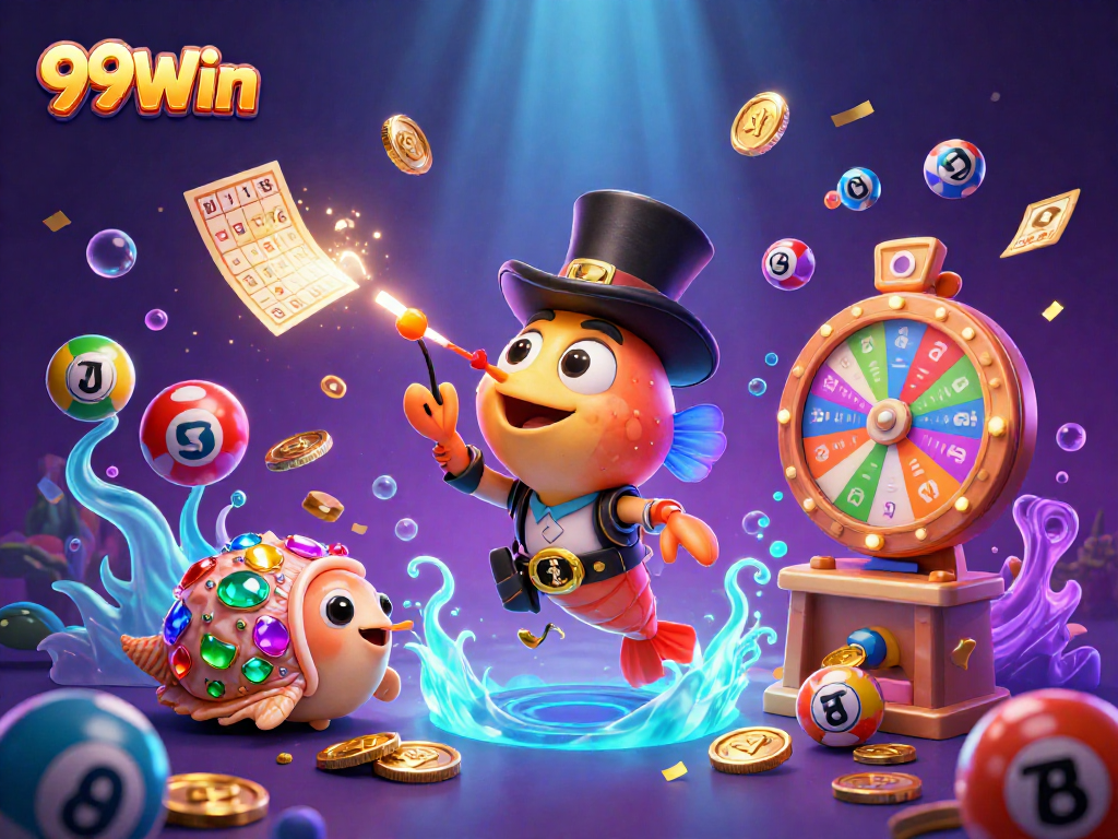 Win exciting prizes with 99Win’s vibrant lottery scene featuring poker-themed elements.