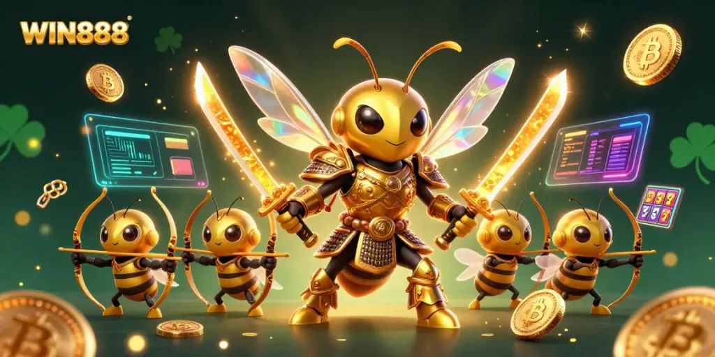 Win888 offers a rich 3D illustration of a samurai hornet amidst slot reels and vibrant crypto coins.