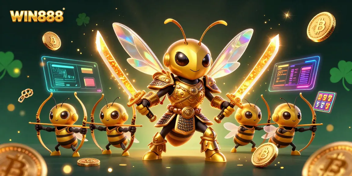 Win888 offers a rich 3D illustration of a samurai hornet amidst slot reels and vibrant crypto coins.
