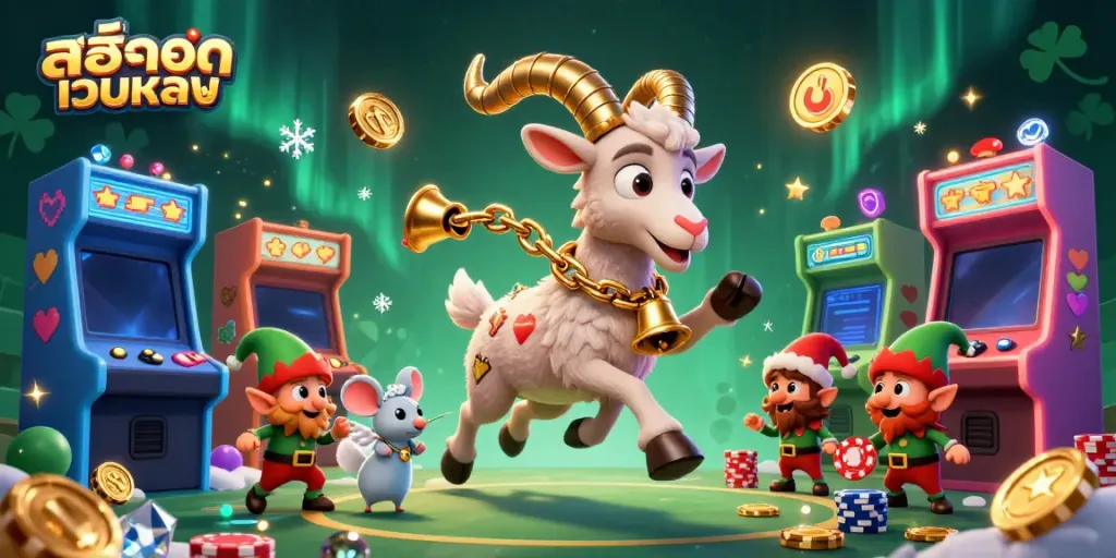 Experience the thrill of สล็อตเว็บตรง with festive characters in a lively casino scene, full of excitement and energy.