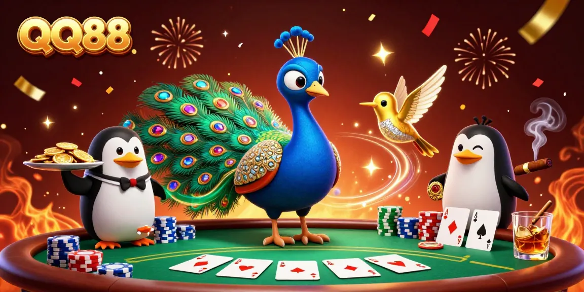 Experience the vibrant QQ88 casino scene with colorful poker elements and festive characters.