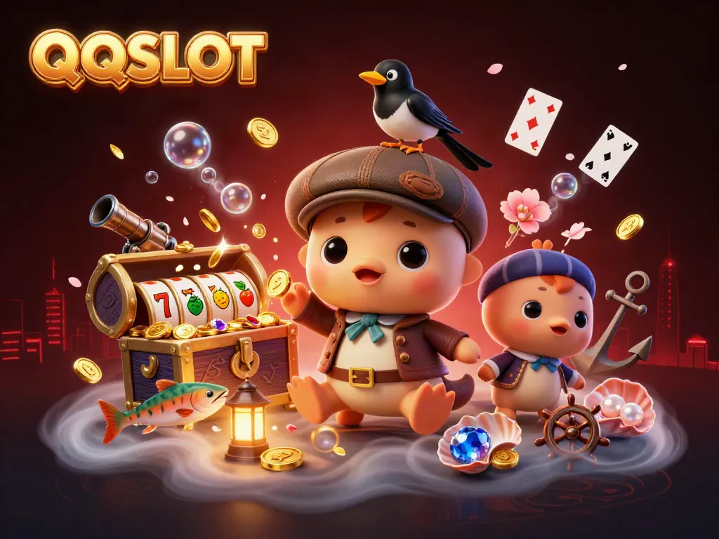 Engaging QQSLOT scene featuring Nessie and a magpie in a vibrant casino environment.