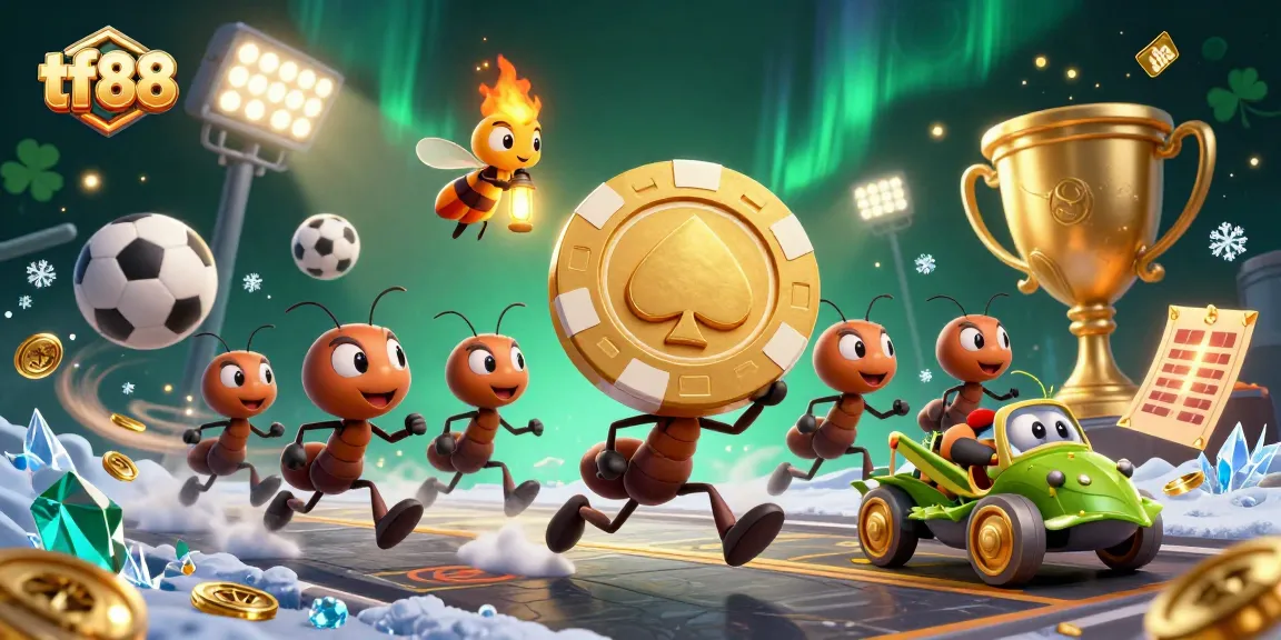 tf88 heist scene with cartoon ants, sports balls, and golden elements, capturing thrilling casino action