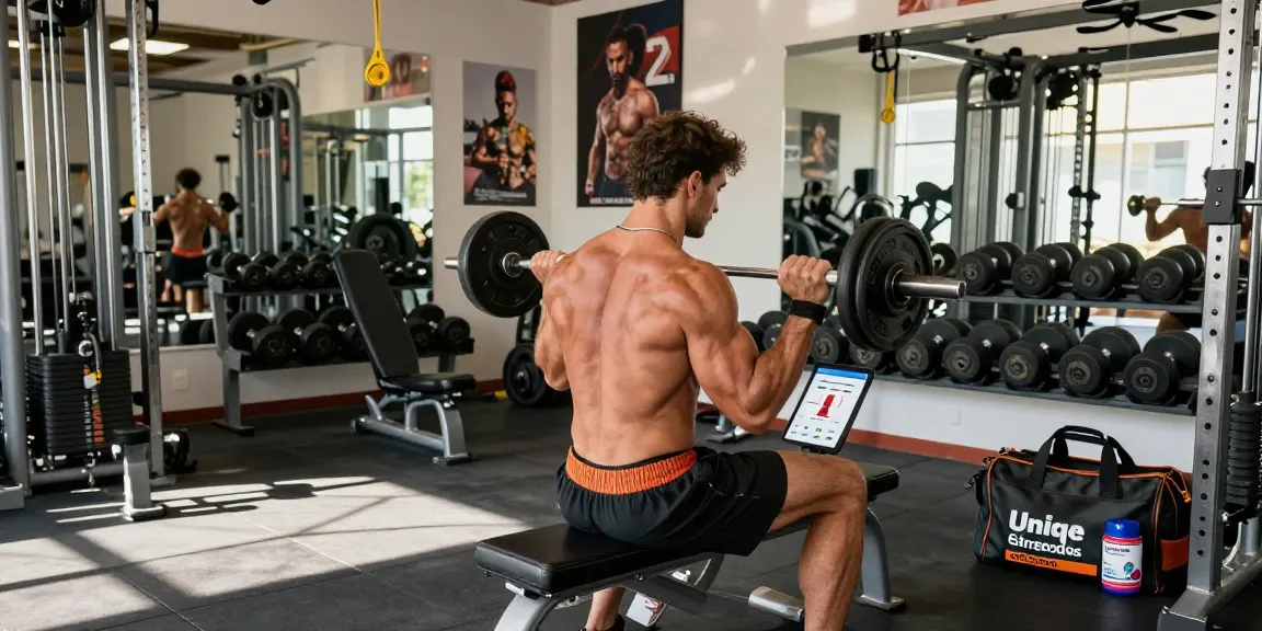 Dynamic workout scene showcasing Unique Pharma Steroids products and fitness dedication.
