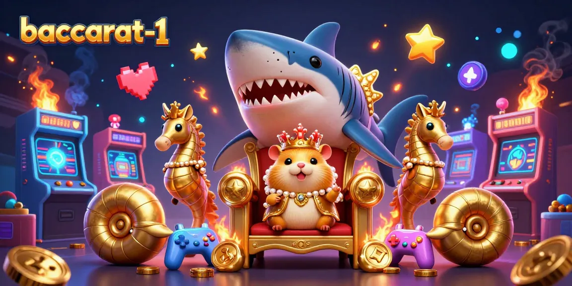 Baccarat-1 features a golden hamster king sitting on a megalodon throne with vibrant casino elements.