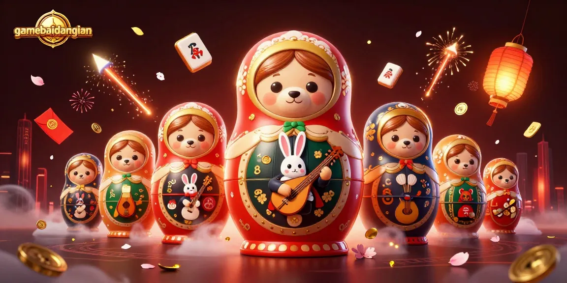 Experience gamebaidangian with a vibrant 3D illustration of a Matryoshka bear and casino elements.