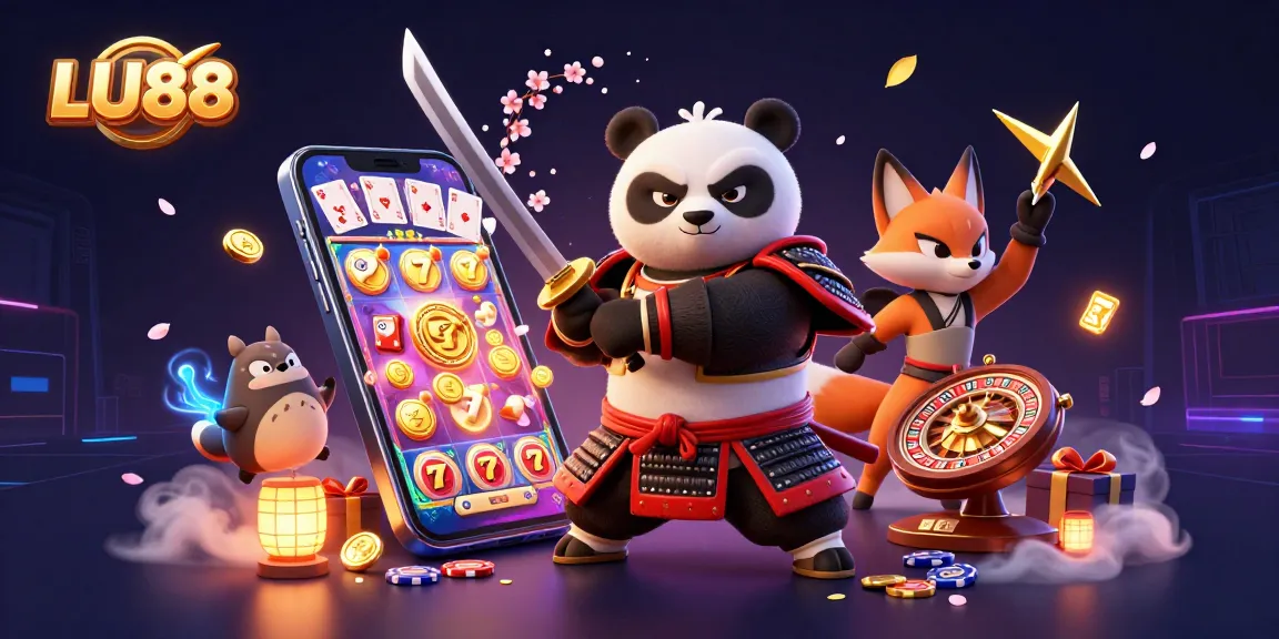 LU88 slot game illustration featuring a fierce samurai panda, ninja fox, and spirit tanuki surrounded by casino elements.