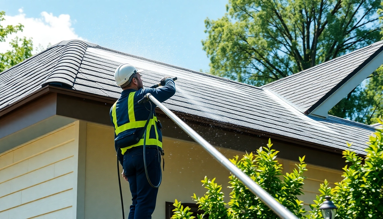 Efficient Roof Cleaning service removing dirt and moss from a residential roof, showcasing professional techniques.