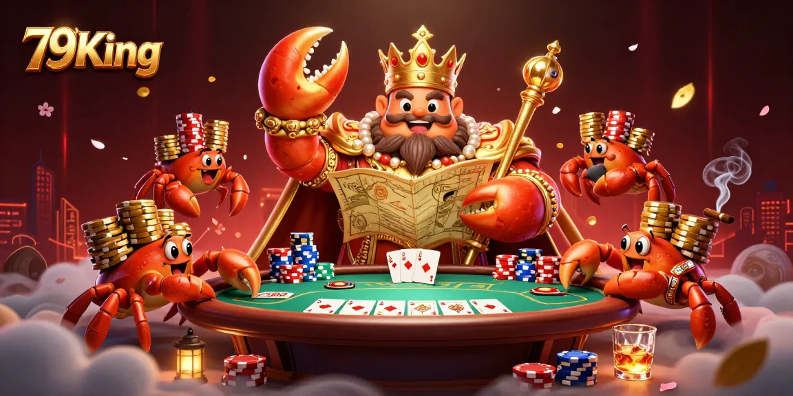 Engage with 79King as the golden crab emperor rules the casino with a treasure map and scepter.