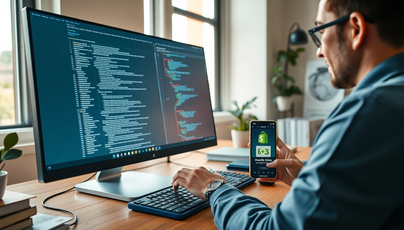 Enhancing Shopify theme customization through coding in a modern office setup.