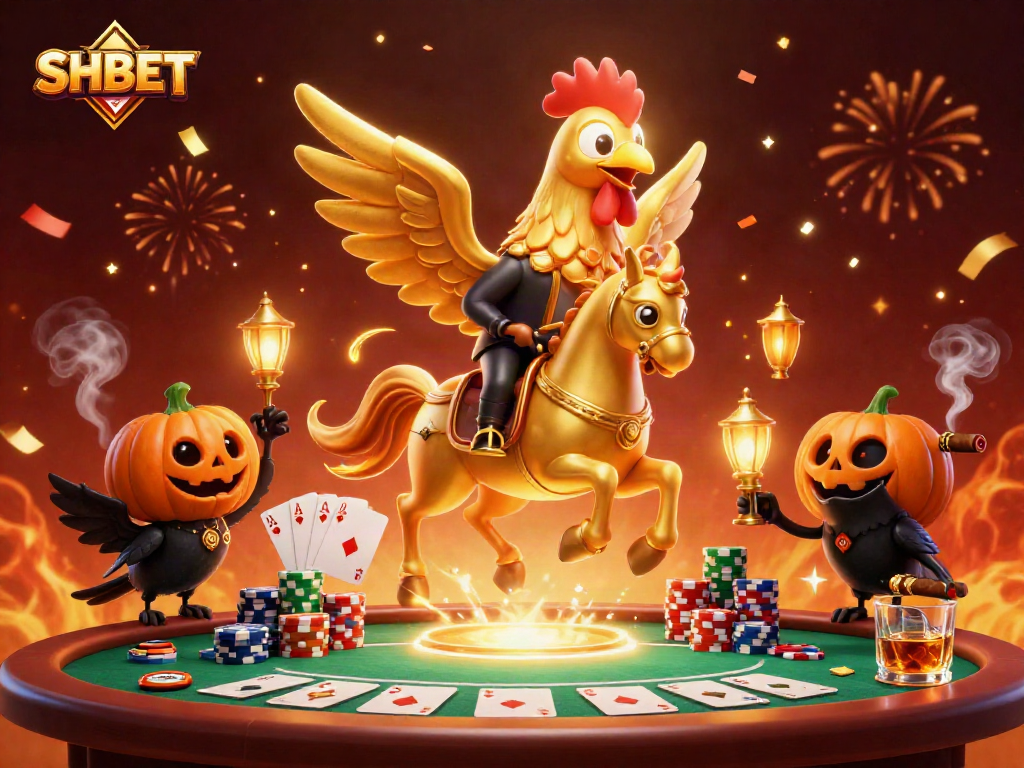 Experience thrilling gameplay at SHBET with a festive 3D casino illustration featuring vibrant characters and gaming action.