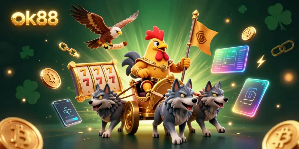 Join the excitement of ok88 with a dynamic illustration featuring a rooster warlord, golden chariot, and cryptocurrency elements.