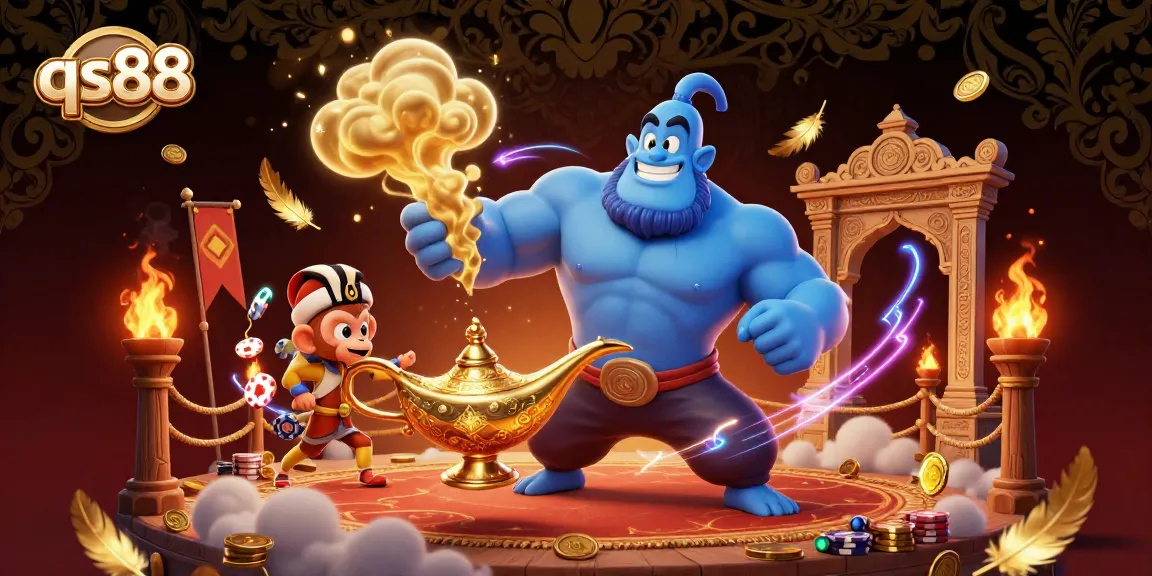 Experience exciting gaming adventures with qs88 as the genie and monkey lead a vibrant casino scene.