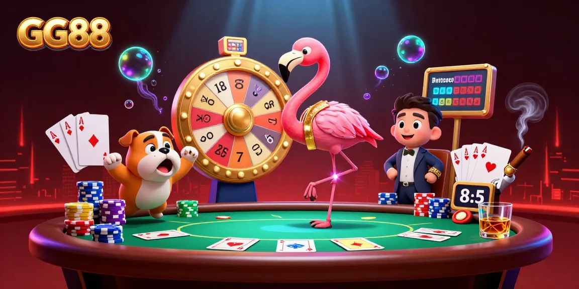 Experience the thrill of casino gaming with GG88's vibrant prize wheel and engaging characters.