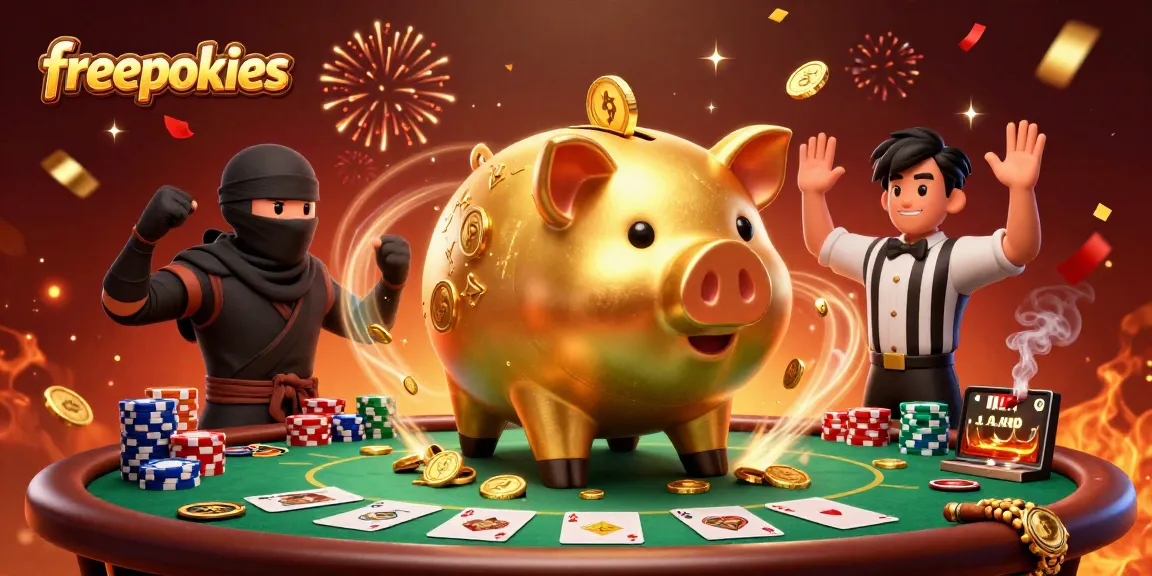 Experience freepokies excitement with a lively 3D casino illustration featuring vibrant characters and poker elements.
