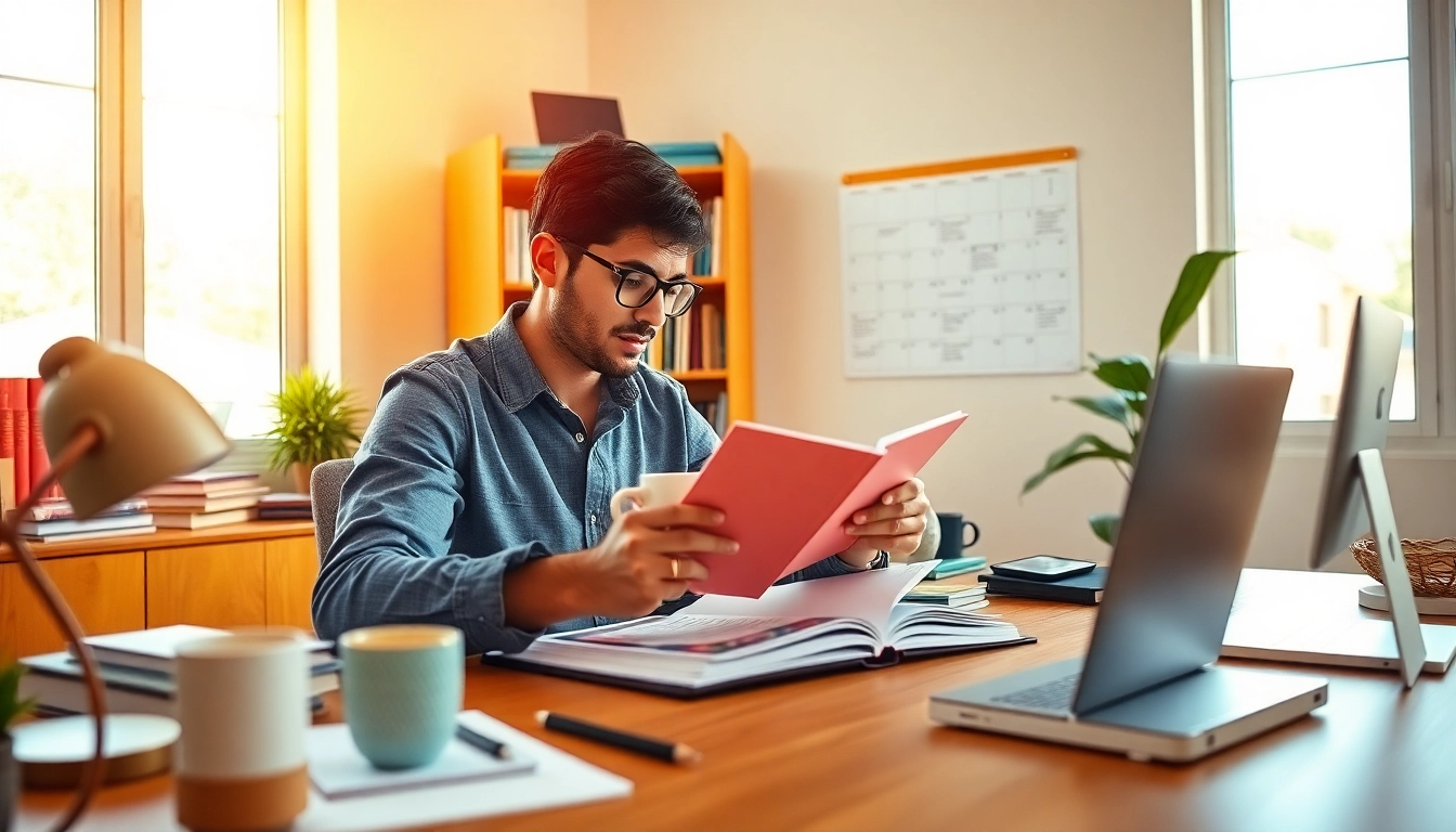 Your Most Productive Life illustrated with an organized workspace and a person planning activities.