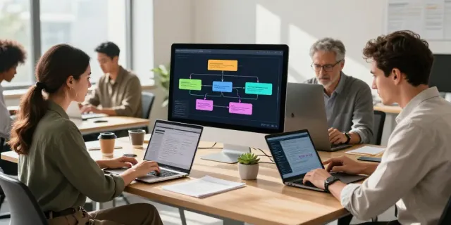 A diverse team collaborating in an innovative workspace focused on AI assisted content creation, featuring laptops and digital displays.