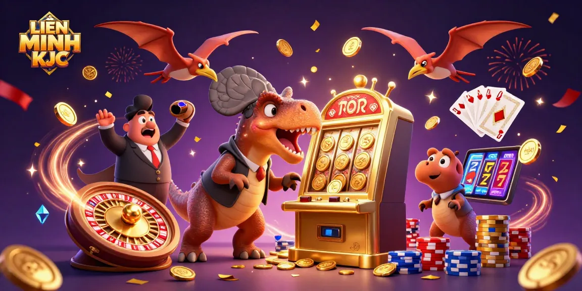 Experience the thrilling world of LIÊN MINH KJC with cartoon dinosaurs in a vibrant casino scene.