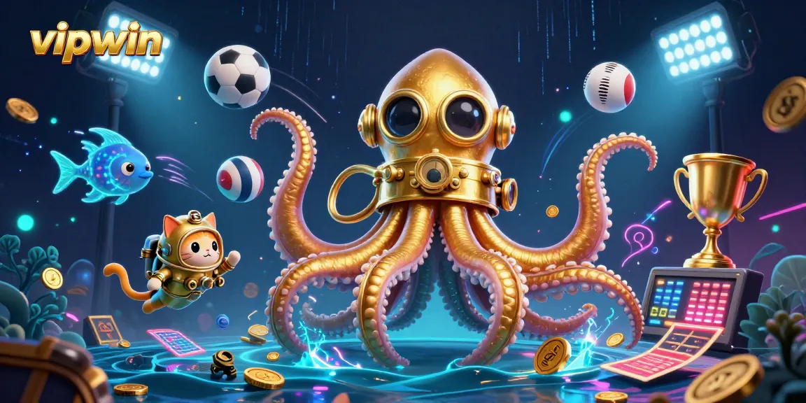 Engage in thrilling gameplay at vipwin with a stunning underwater casino illustration featuring gold coins and dynamic sports elements.