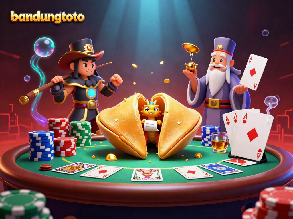 Experience bandungtoto's thrilling atmosphere with a golden fortune cookie scene packed with casino elements.