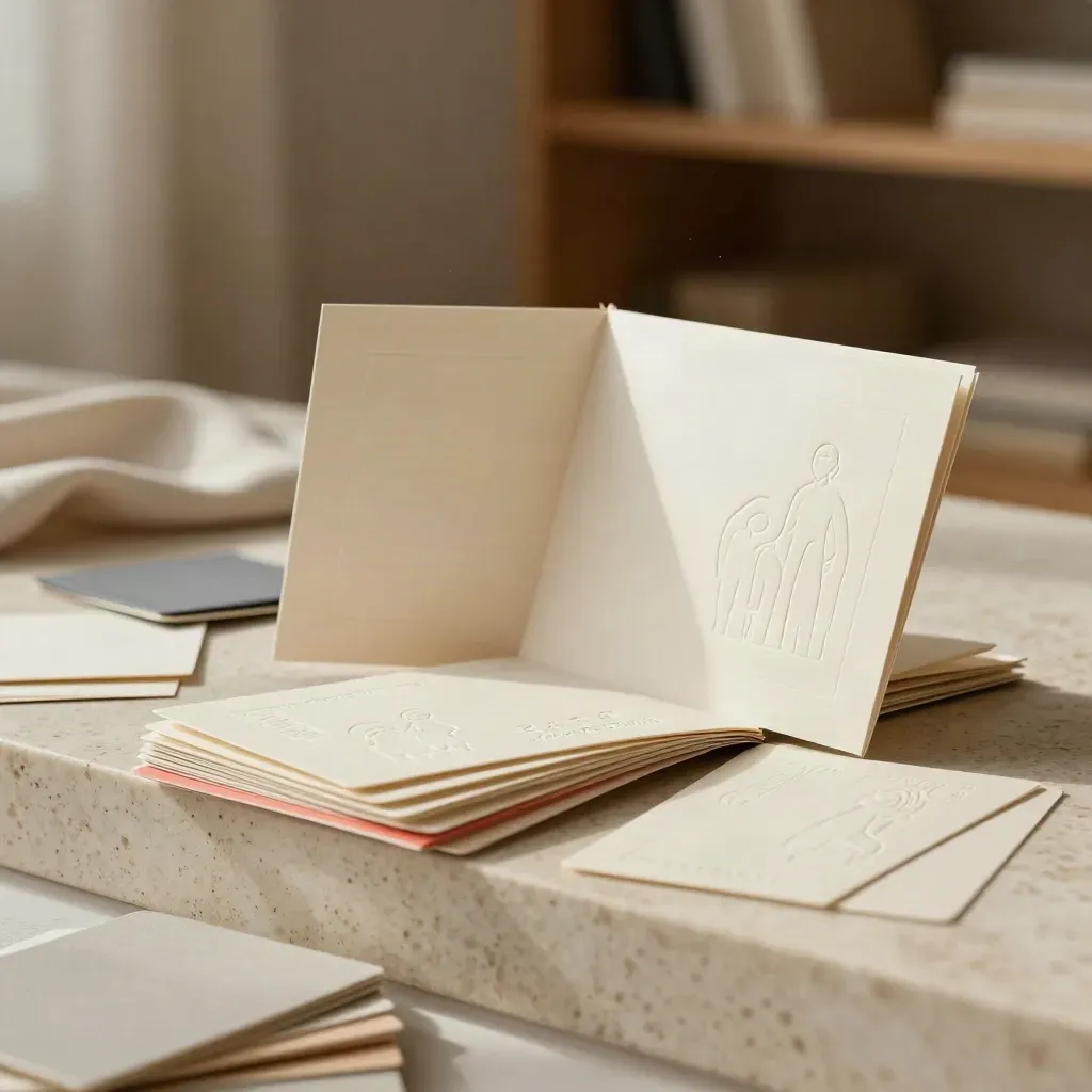 Embossed brand identity cards, color chips and a debossed booklet in warm light.