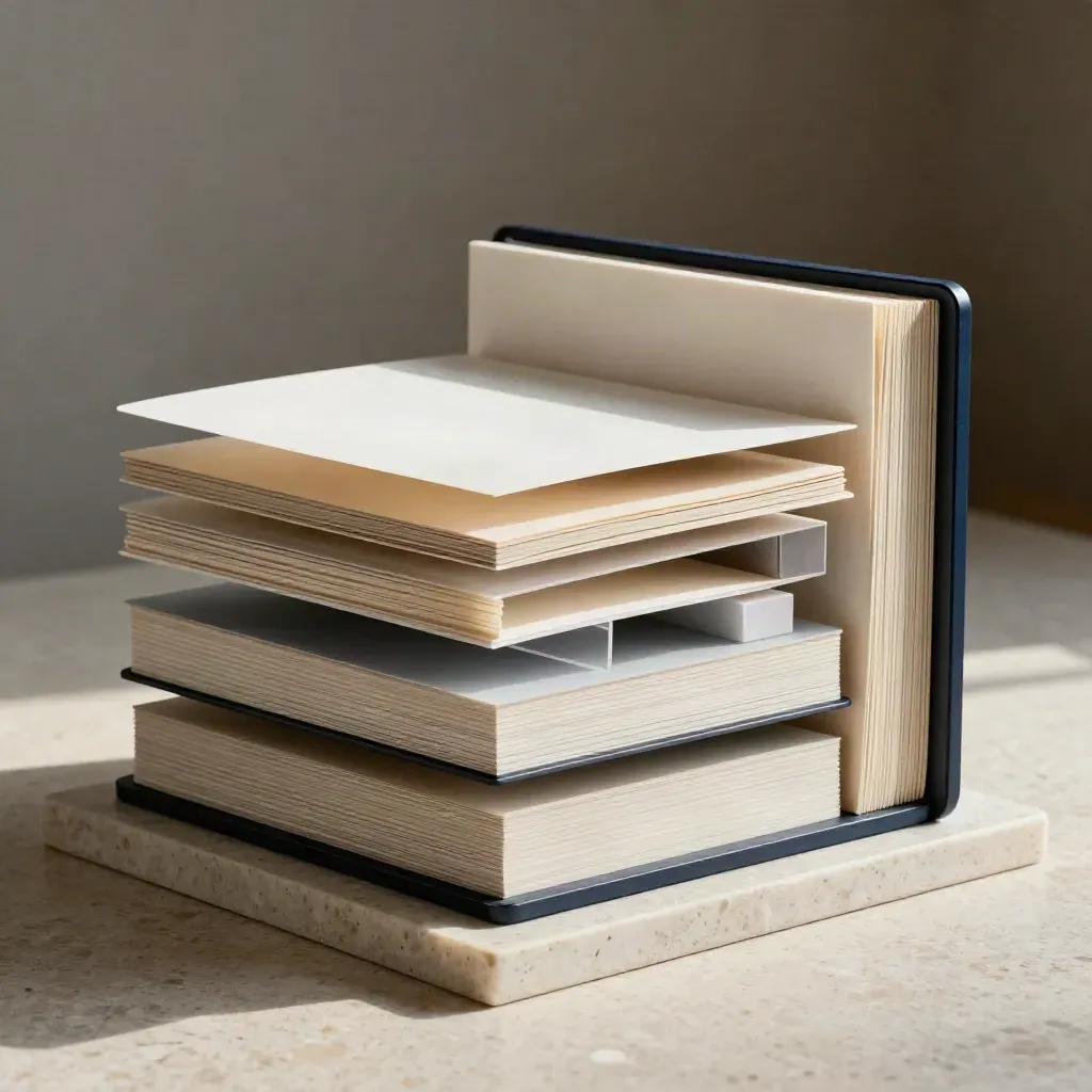 Blank layout modules and a matte aluminum frame in a travertine studio scene.