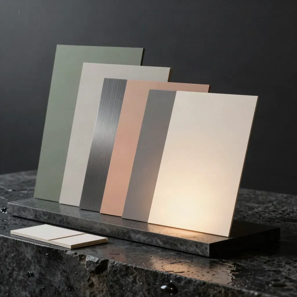 Moody studio boards and swatches on dark stone at blue hour, lit by a rim of light.
