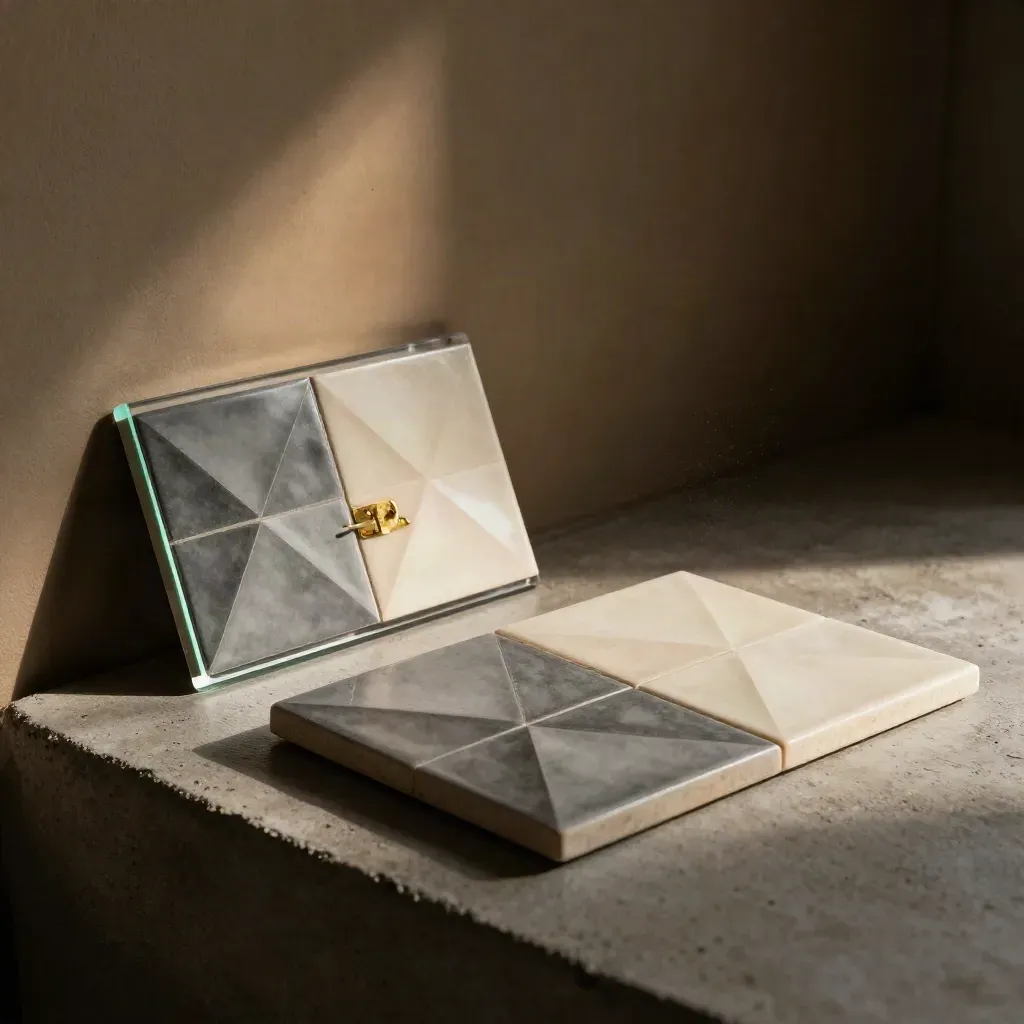 Brass stamp, logo tiles, and acrylic plaque on a concrete plinth in warm studio light.